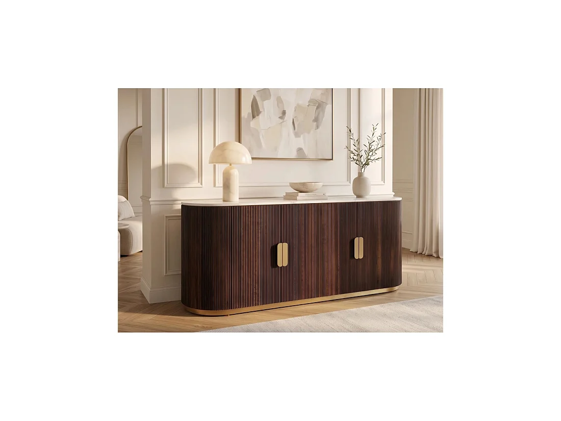 Buffet ORION 170 cm in massief mangohout - Wit marmeren blad, 4 deuren en gouden metaal
