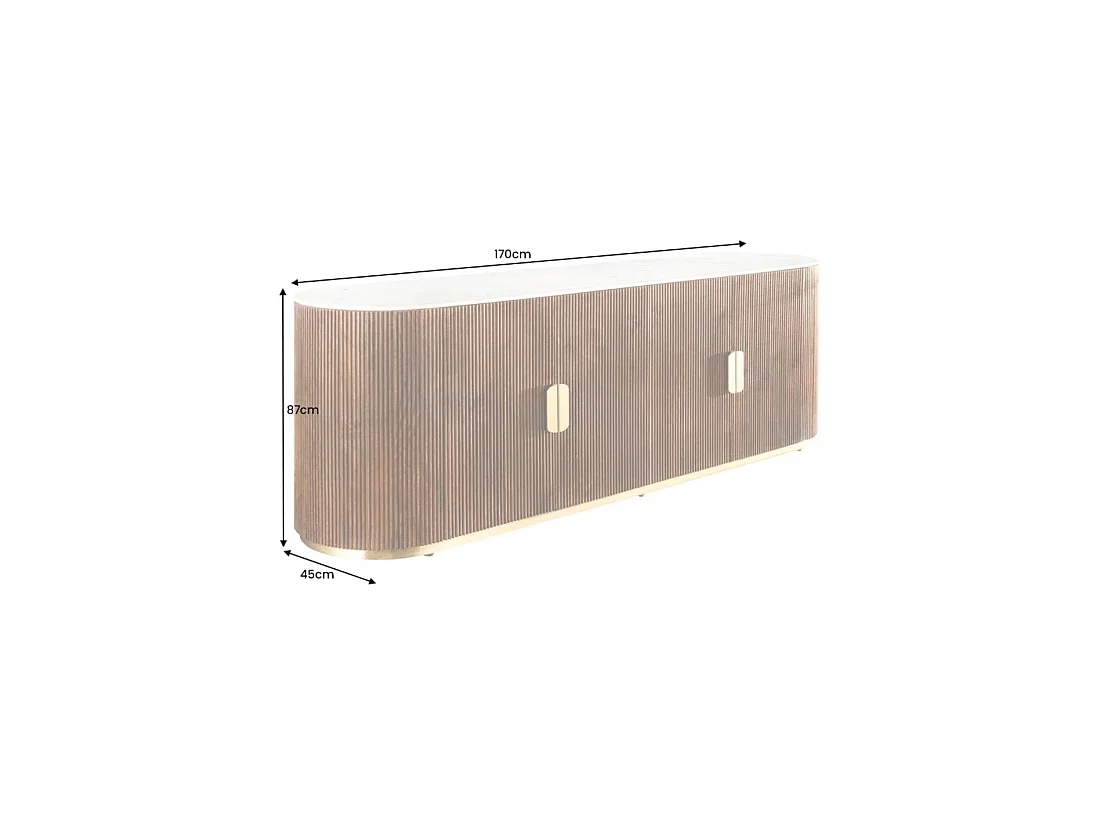 Buffet ORION 170 cm in massief mangohout - Wit marmeren blad, 4 deuren en gouden metaal