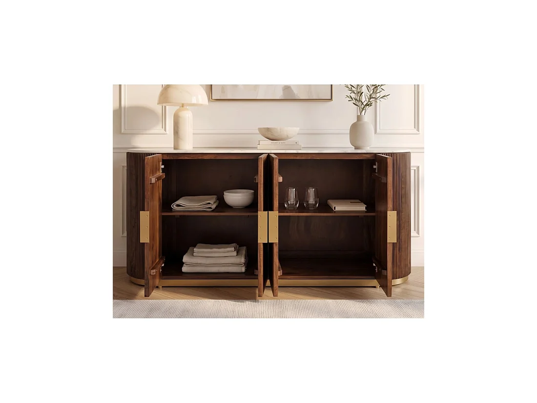 Buffet ORION 170 cm in massief mangohout - Wit marmeren blad, 4 deuren en gouden metaal