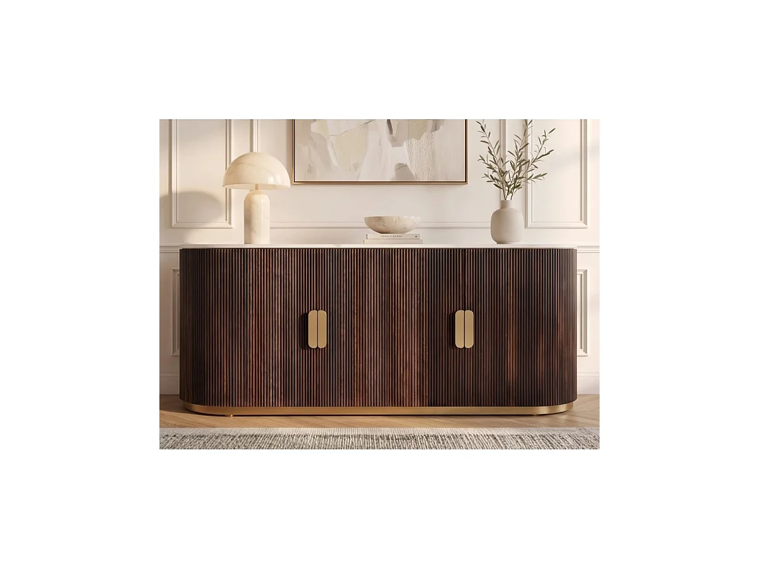 Buffet ORION 170 cm in massief mangohout - Wit marmeren blad, 4 deuren en gouden metaal