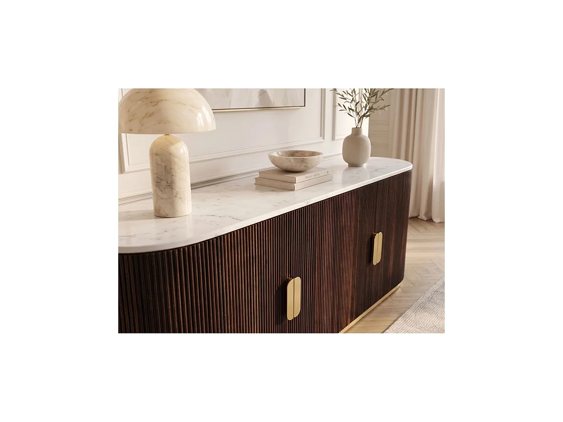 Buffet ORION 170 cm in massief mangohout - Wit marmeren blad, 4 deuren en gouden metaal