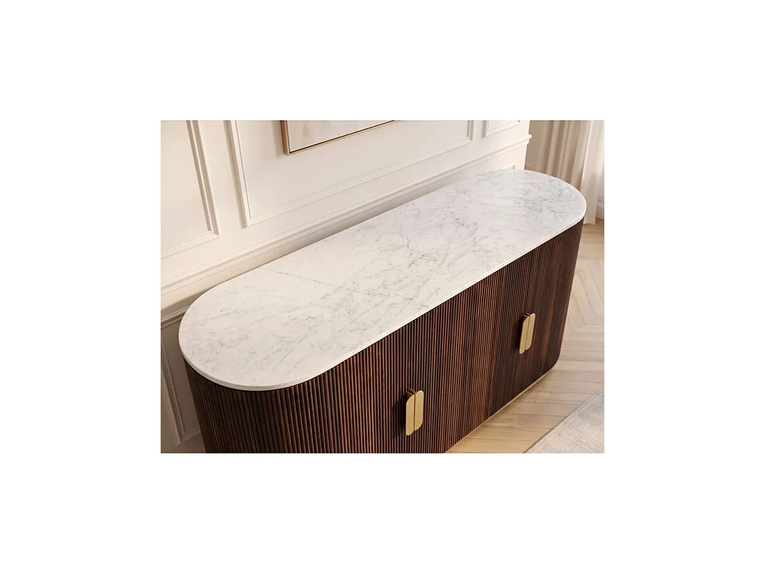 Buffet ORION 170 cm in massief mangohout - Wit marmeren blad, 4 deuren en gouden metaal