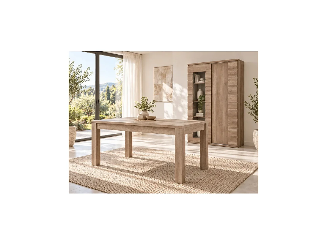 Ensemble ROMI chêne Dab Canyon – Table 160 cm et vitrine 120 cm à 2 portes coulissantes