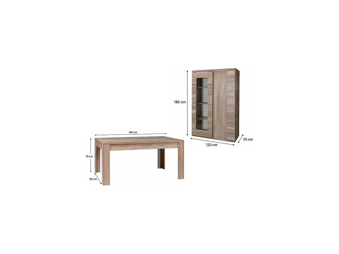 Ensemble ROMI chêne Dab Canyon – Table 160 cm et vitrine 120 cm à 2 portes coulissantes