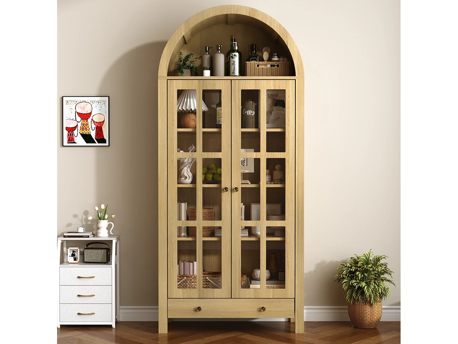 Vitrine haute cintrée avec 2 portes en acrylique, étagères réglables et 1 tiroir - MDF - 75 x 35 x 170,5 cm - Naturel
