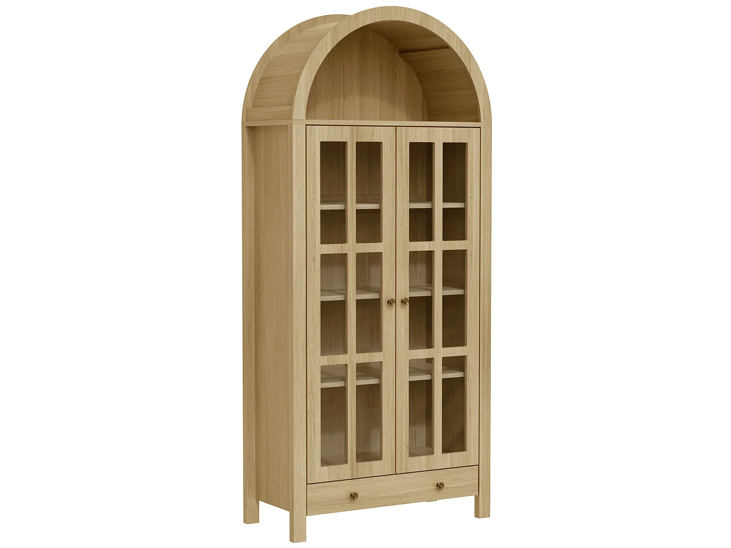 Vitrine haute cintrée avec 2 portes en acrylique, étagères réglables et 1 tiroir - MDF - 75 x 35 x 170,5 cm - Naturel