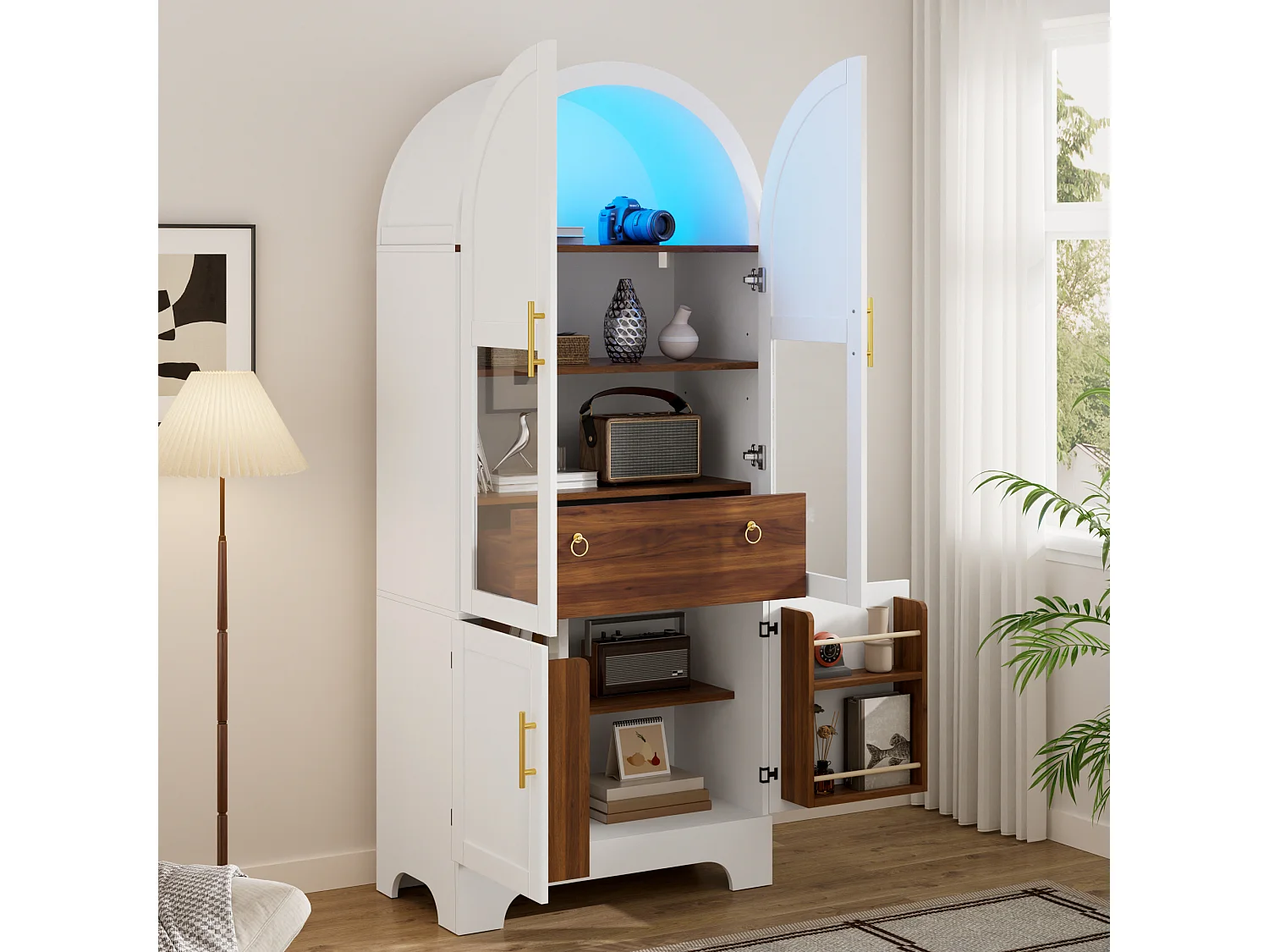 Vitrine haute cintrée avec 4 portes, 1 tiroir - MDF et panneaux de particules et verre trempé - 76 x 40 x 180 cm - Blanc
