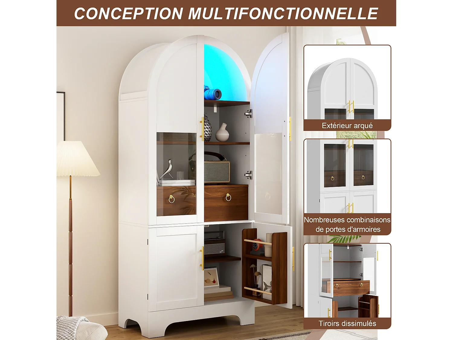 Vitrine haute cintrée avec 4 portes, 1 tiroir - MDF et panneaux de particules et verre trempé - 76 x 40 x 180 cm - Blanc