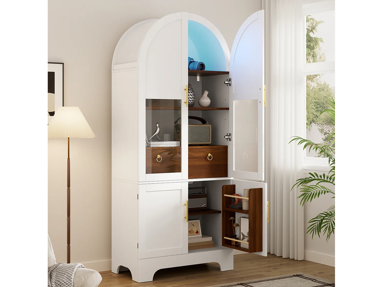 Vitrine haute cintrée avec 4 portes, 1 tiroir - MDF et panneaux de particules et verre trempé - 76 x 40 x 180 cm - Blanc