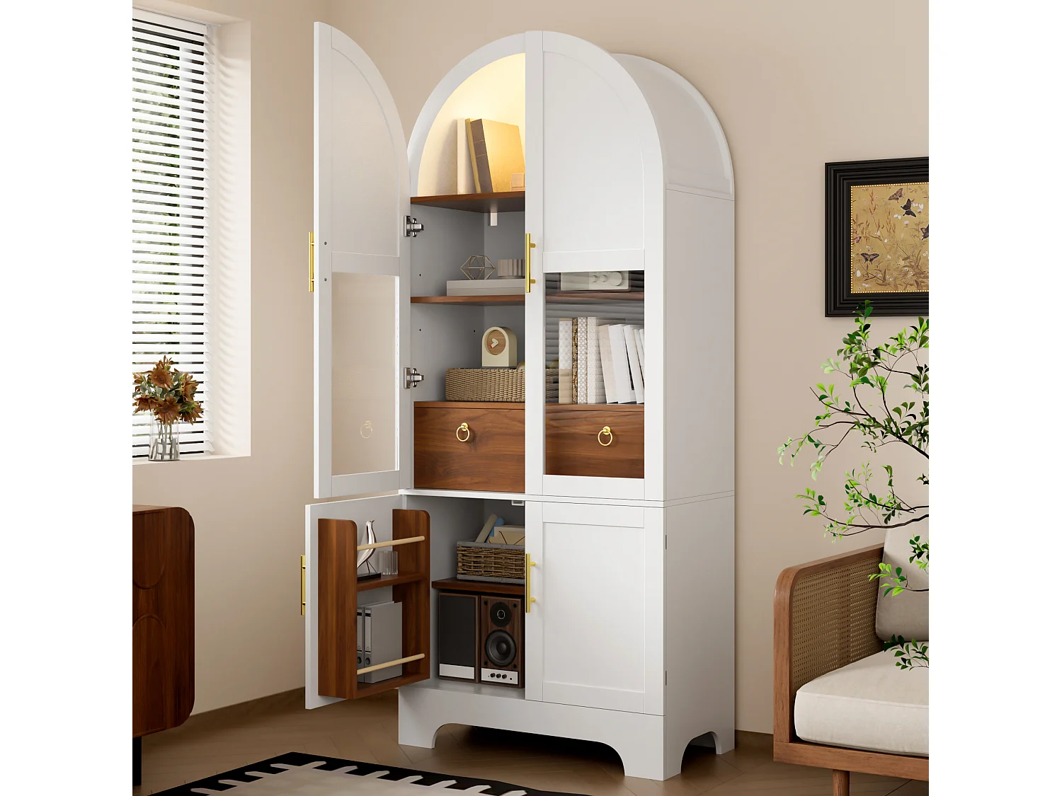Vitrine haute cintrée avec 4 portes, 1 tiroir - MDF et panneaux de particules et verre trempé - 76 x 40 x 180 cm - Blanc