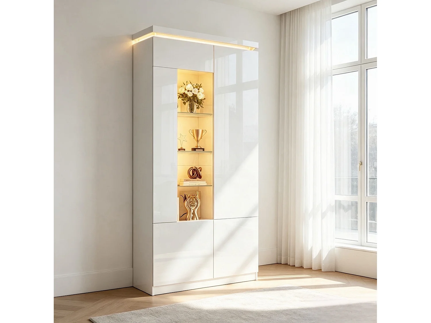 Vitrinekast met 4 deuren, 6 planken en Bluetooth LED-verlichting - MDF, acryl en gehard glas - 80 x 35 x 180 cm - Wit