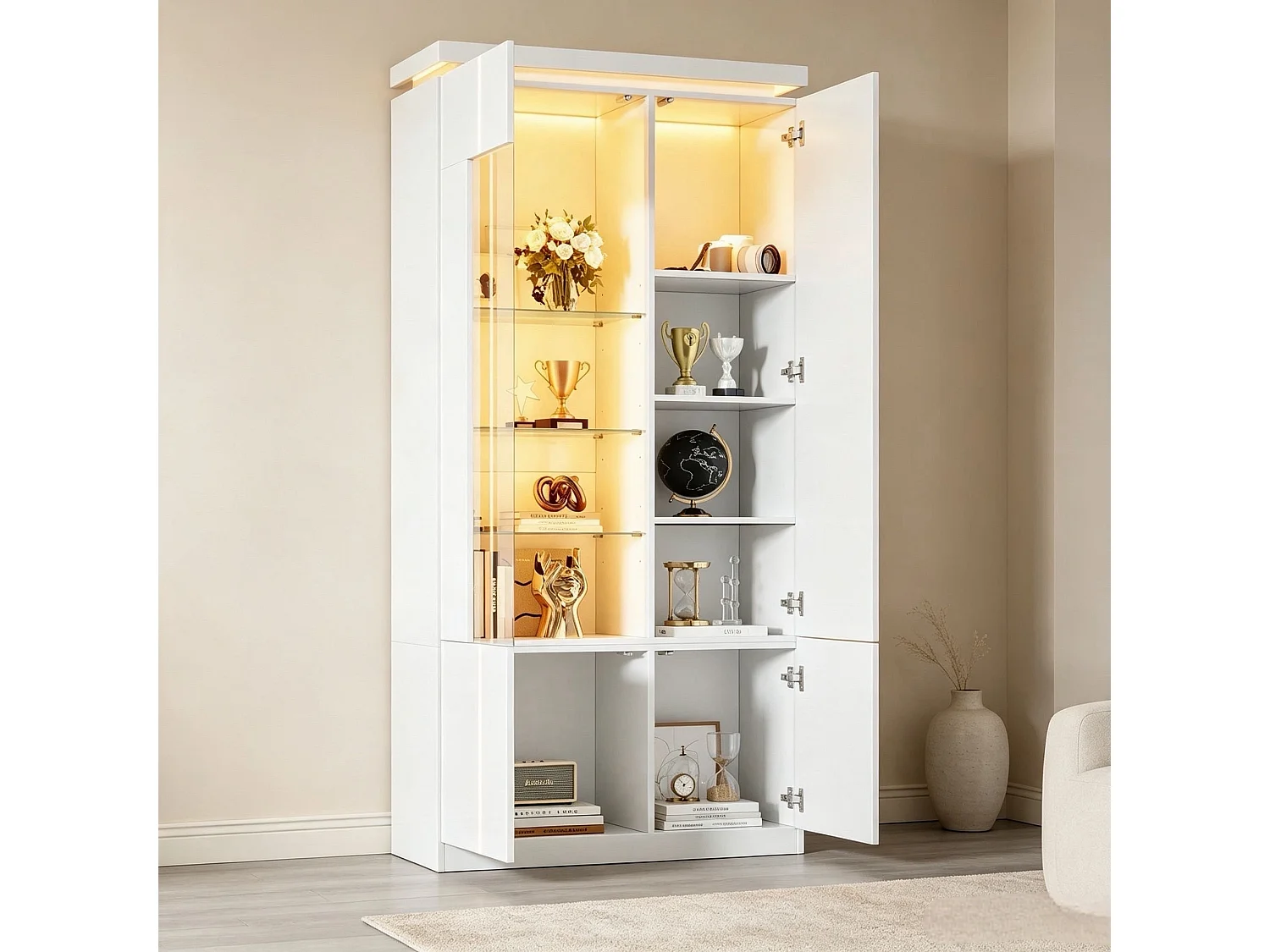 Vitrinekast met 4 deuren, 6 planken en Bluetooth LED-verlichting - MDF, acryl en gehard glas - 80 x 35 x 180 cm - Wit