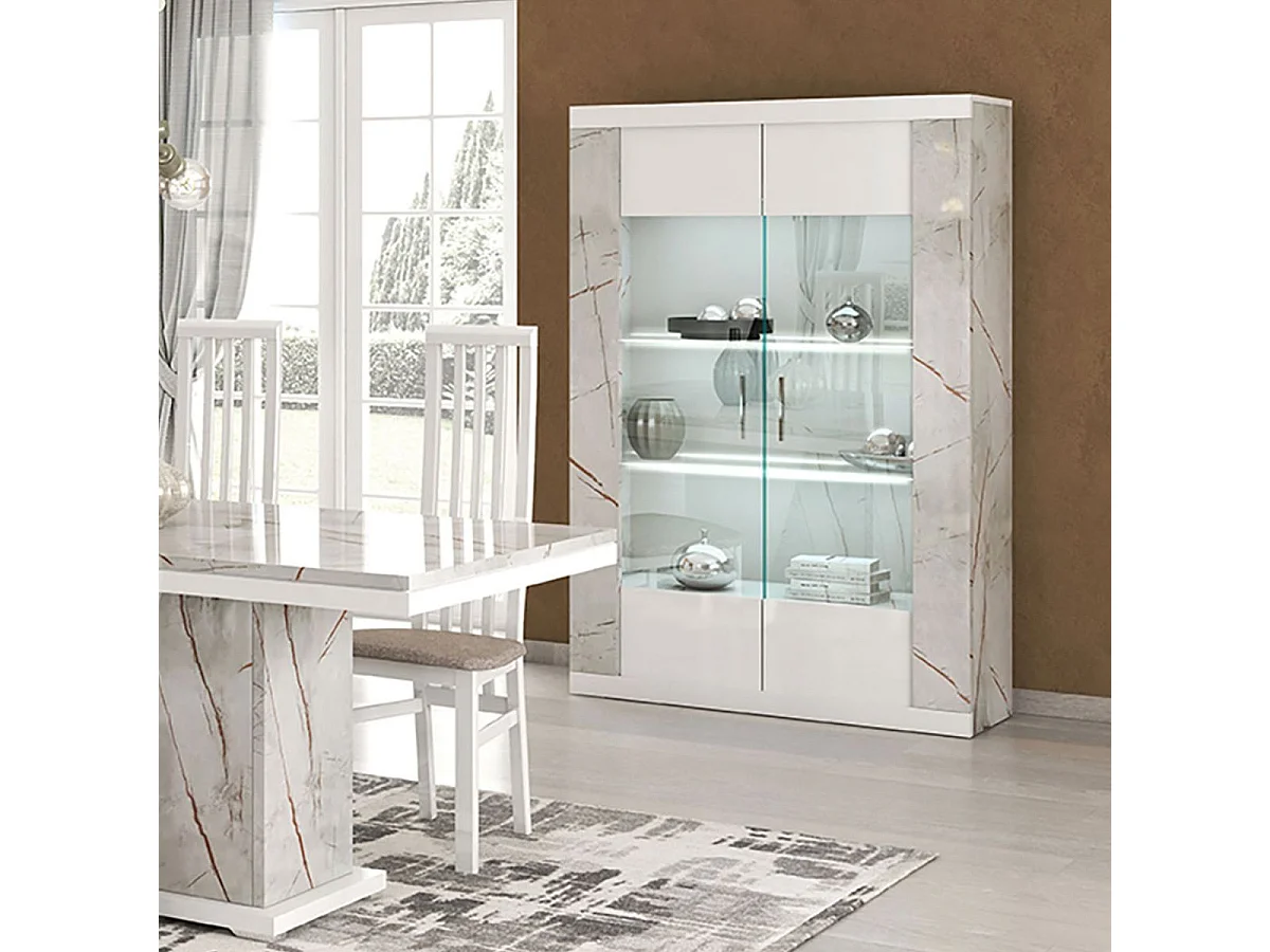 Vitrine 2 portes + Led blanche et aspect marbre gris-brun - NERVY