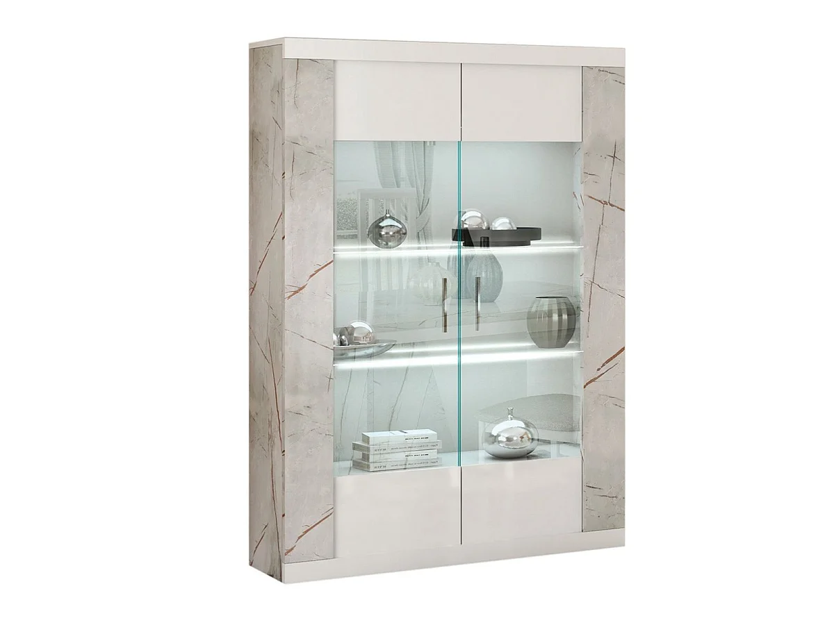 Vitrine 2 portes + Led blanche et aspect marbre gris-brun - NERVY