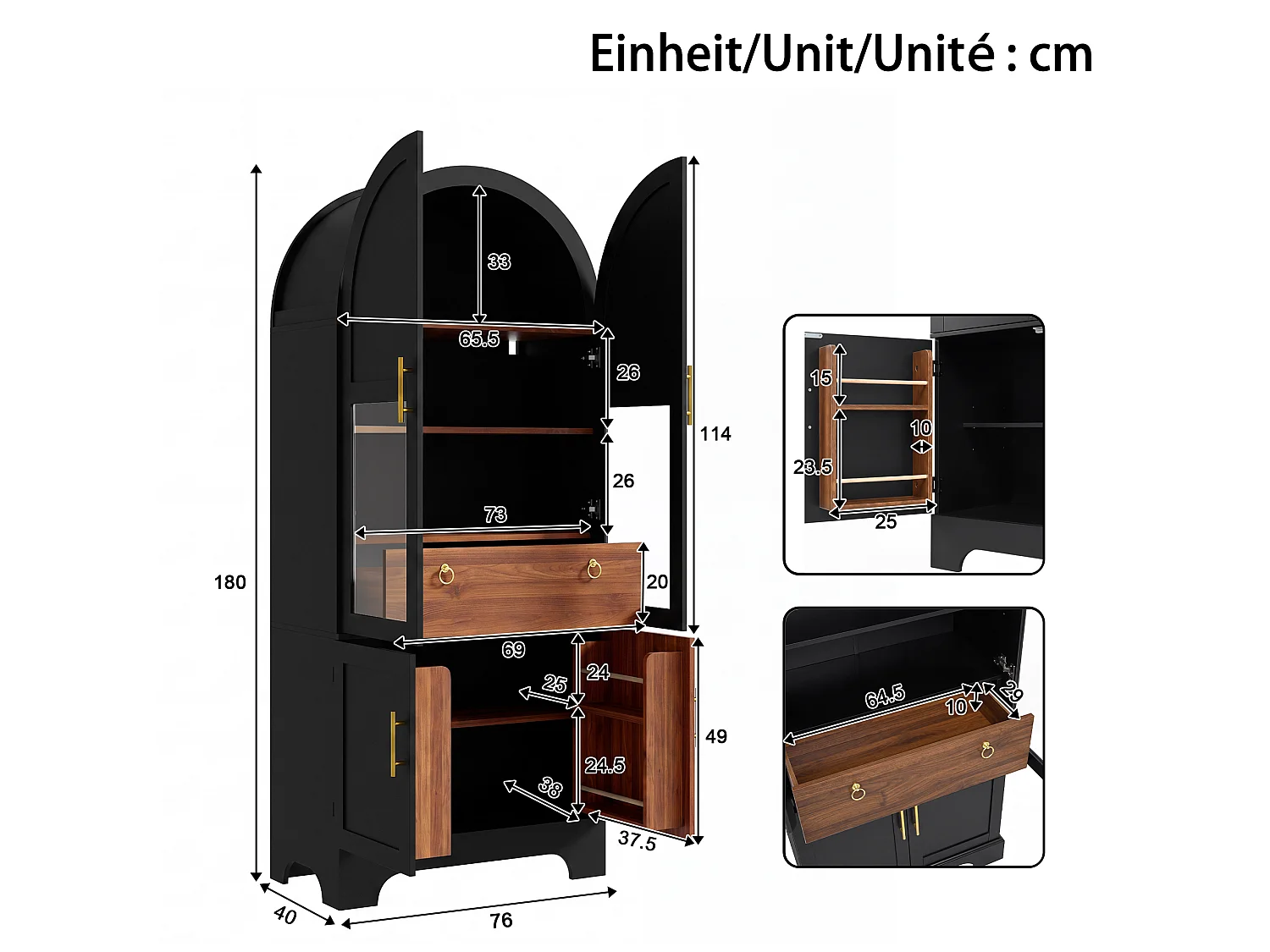 Vitrine haute cintrée avec 4 portes, 1 tiroir - MDF et panneaux de particules et verre trempé - 76 x 40 x 180 cm - Noir