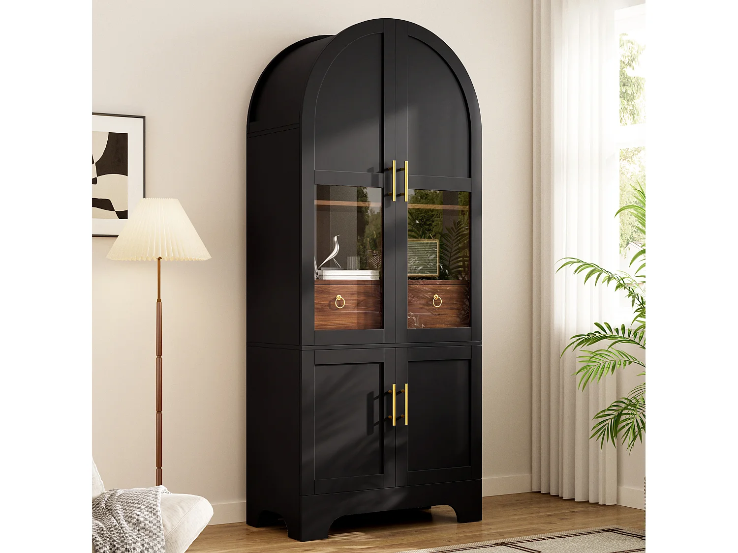 Vitrine haute cintrée avec 4 portes, 1 tiroir - MDF et panneaux de particules et verre trempé - 76 x 40 x 180 cm - Noir
