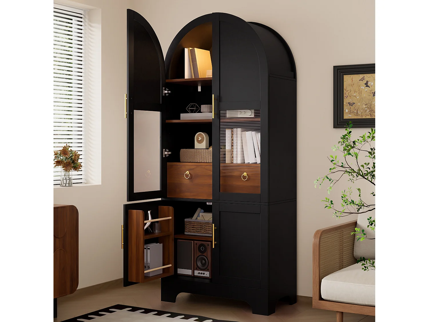 Vitrine haute cintrée avec 4 portes, 1 tiroir - MDF et panneaux de particules et verre trempé - 76 x 40 x 180 cm - Noir