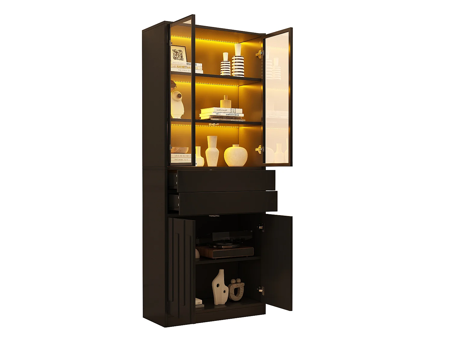 Display cabinet with 4 doors, 2 drawers and Bluetooth LED lighting - Particleboard and tempered glass - 70 x 34 x 180 cm - Black