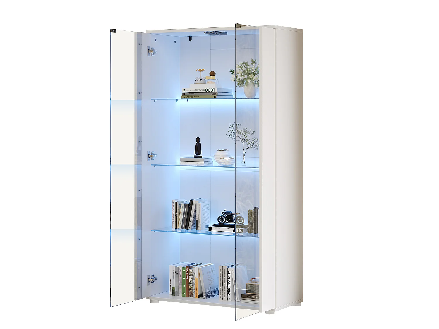 Display cabinet with 2 glass doors, 4 shelves and adjustable LED lighting - Particleboard and glass - 80 x 36 x 150.5 cm - White