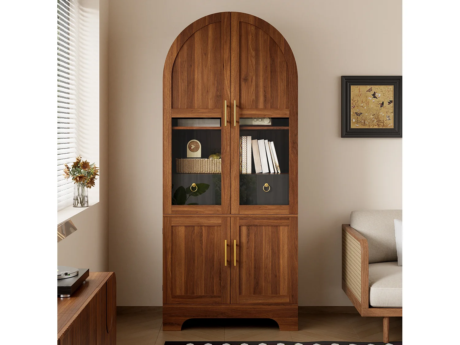 Vitrine haute cintrée avec 4 portes, 1 tiroir - MDF et panneaux de particules et verre trempé - 76 x 40 x 180 cm - Noyer