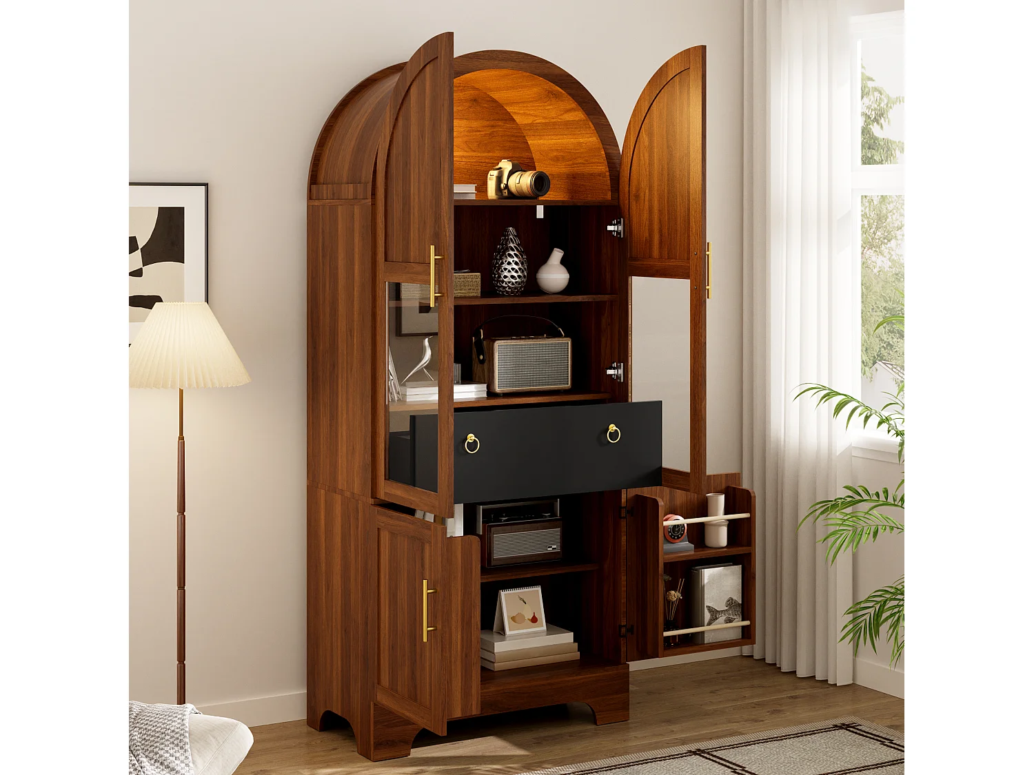 Vitrine haute cintrée avec 4 portes, 1 tiroir - MDF et panneaux de particules et verre trempé - 76 x 40 x 180 cm - Noyer