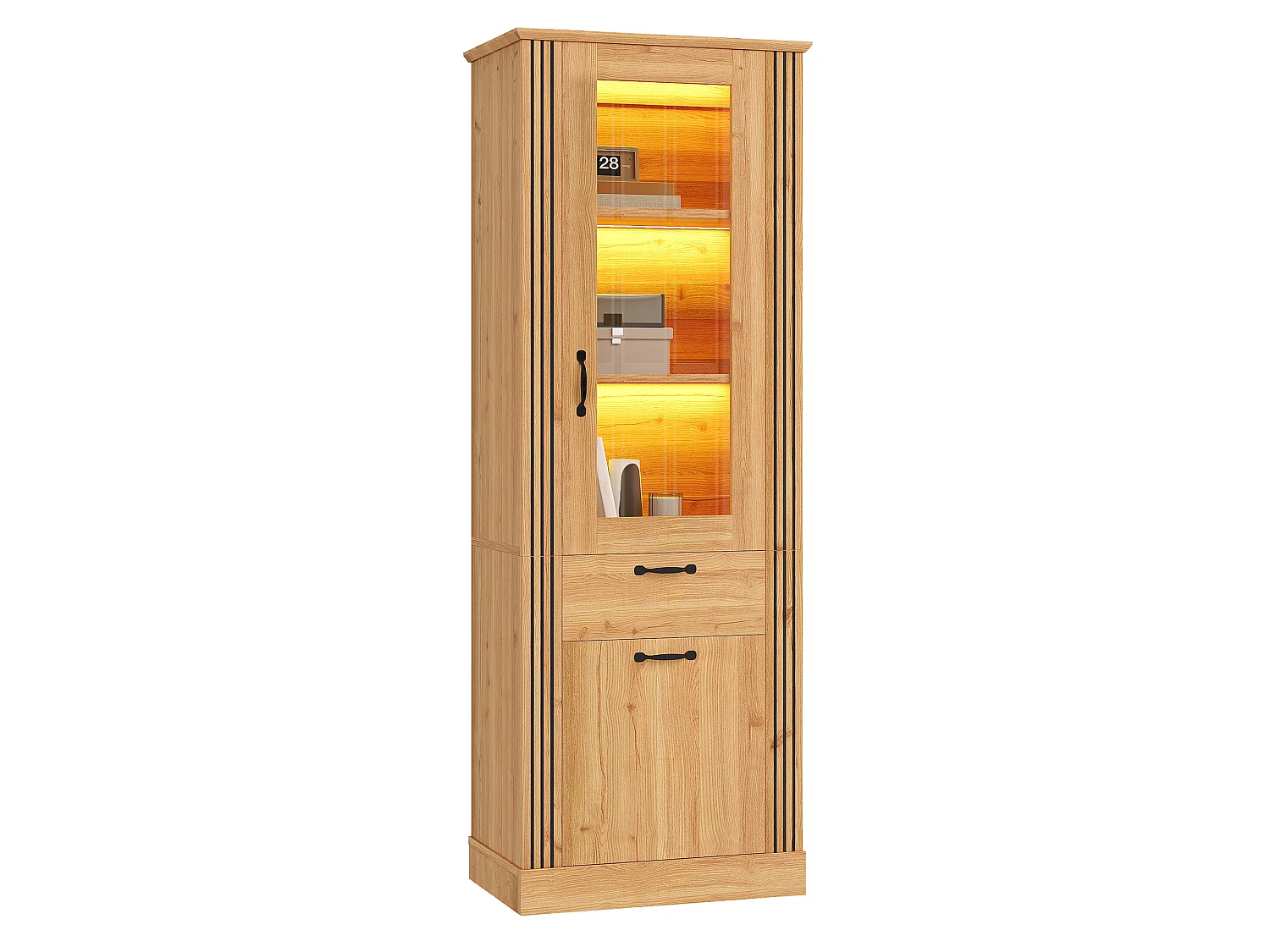 Tall display cabinet with 2 doors, 1 drawer and LED lighting - Particleboard - 62 x 41 x 180 cm - Natural