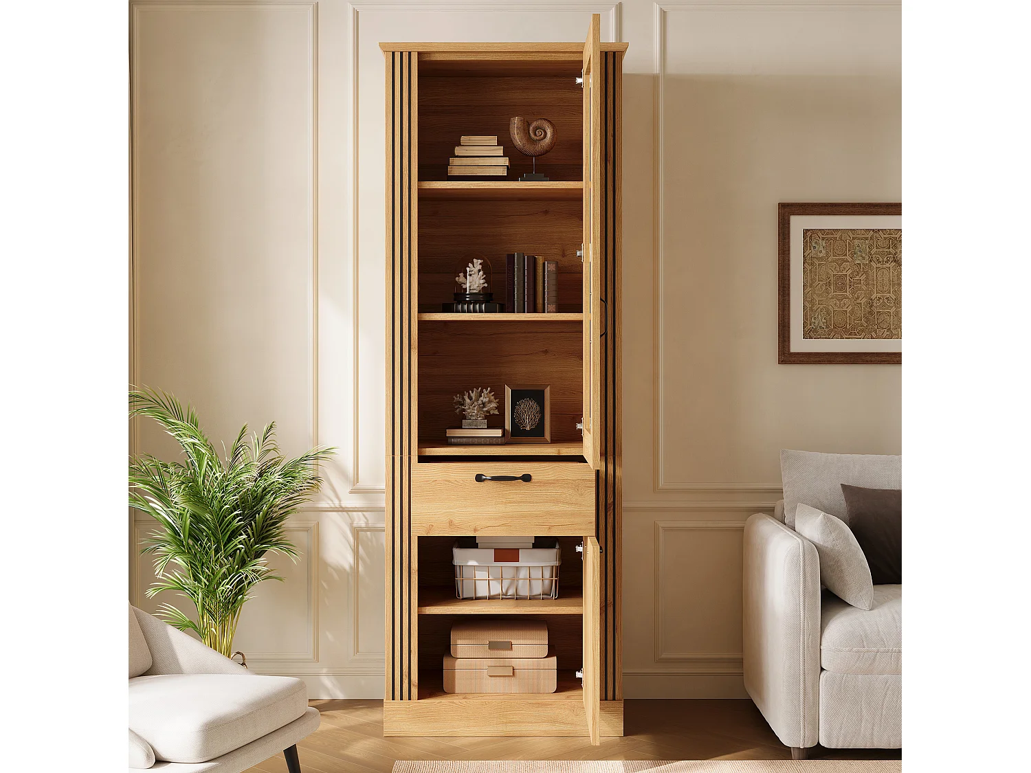 Tall display cabinet with 2 doors, 1 drawer and LED lighting - Particleboard - 62 x 41 x 180 cm - Natural
