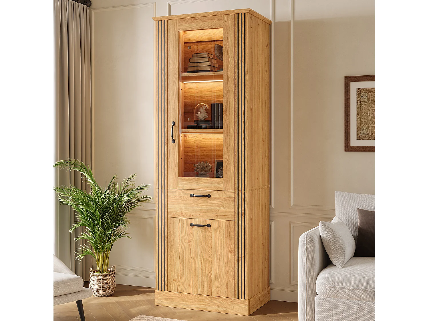 Tall display cabinet with 2 doors, 1 drawer and LED lighting - Particleboard - 62 x 41 x 180 cm - Natural
