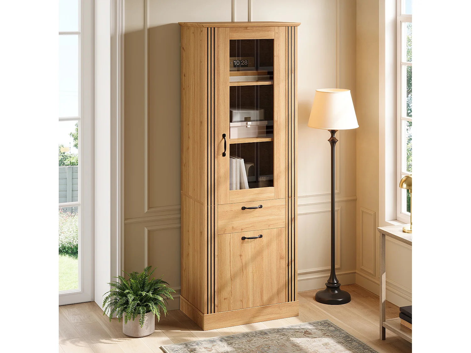 Tall display cabinet with 2 doors, 1 drawer and LED lighting - Particleboard - 62 x 41 x 180 cm - Natural