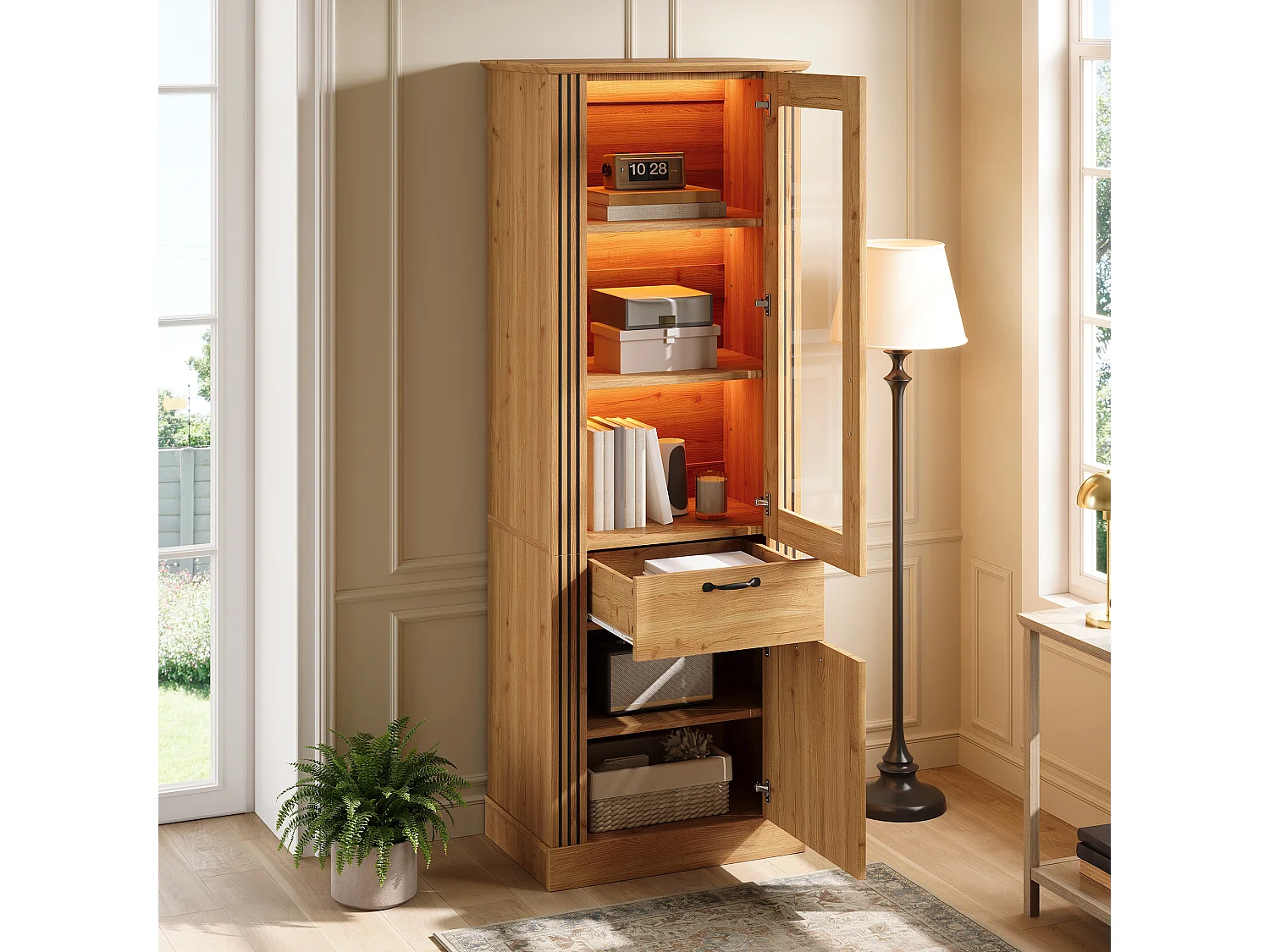 Tall display cabinet with 2 doors, 1 drawer and LED lighting - Particleboard - 62 x 41 x 180 cm - Natural