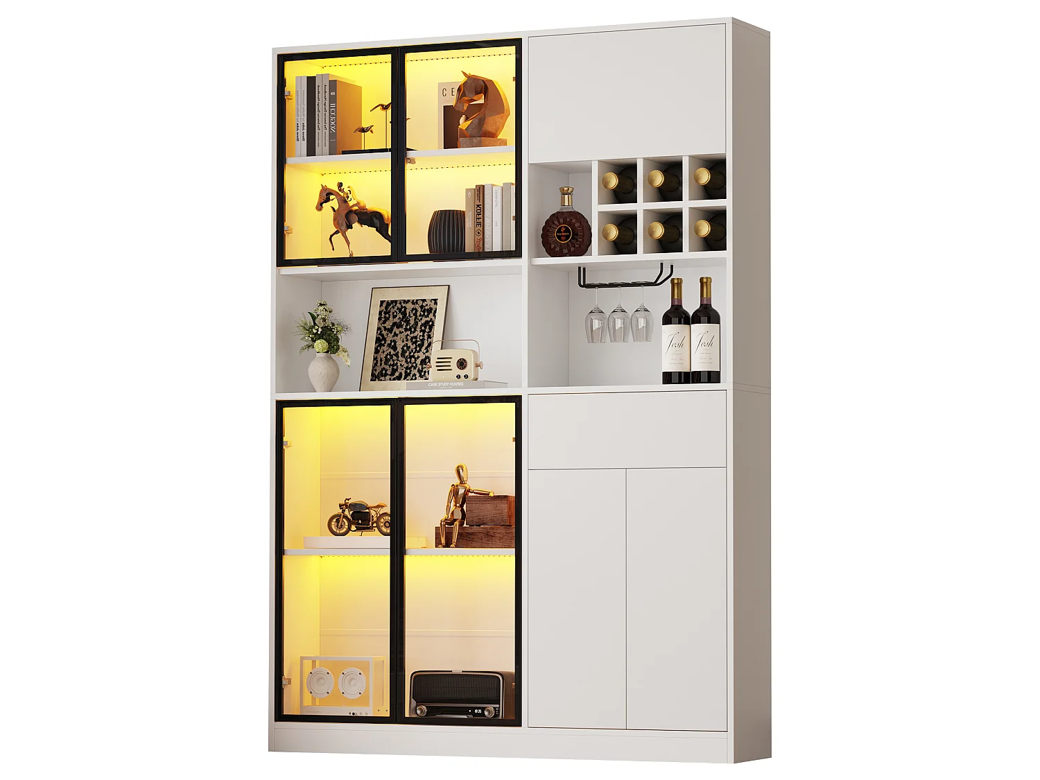 Vitrine haute avec 6 portes, 2 tiroirs et LED - Panneaux de particules et verre trempé - 120 x 33 x 200 cm - Blanc
