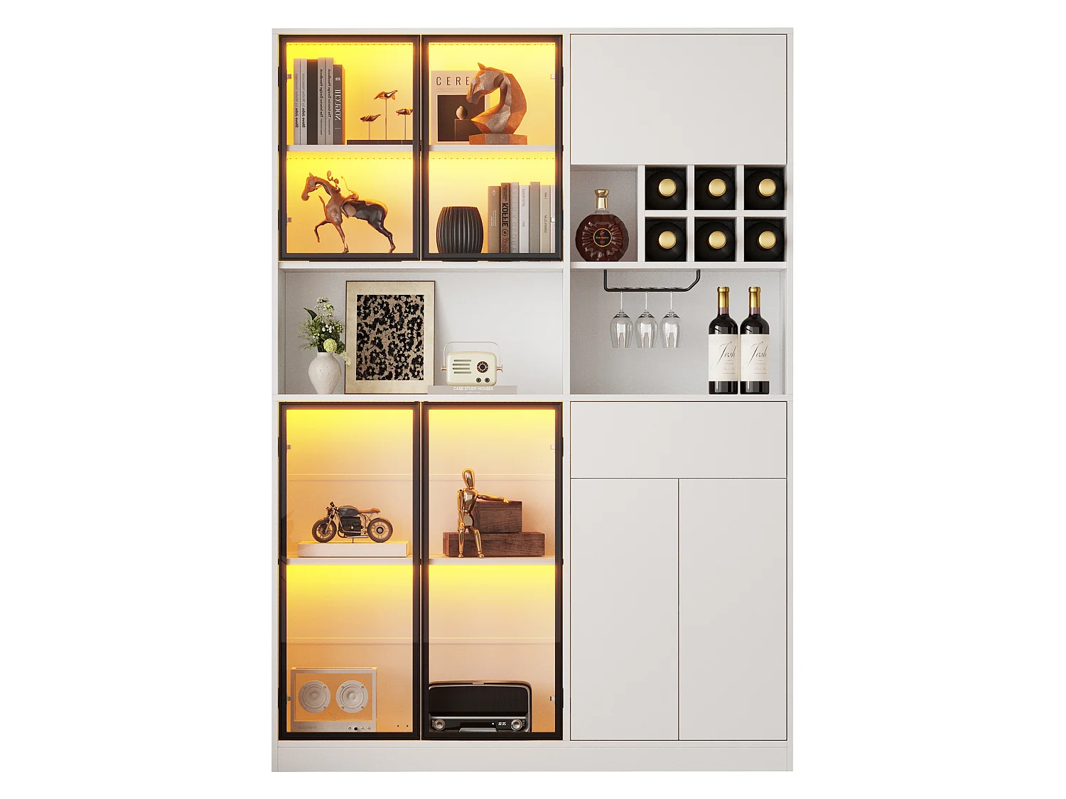 Vitrine haute avec 6 portes, 2 tiroirs et LED - Panneaux de particules et verre trempé - 120 x 33 x 200 cm - Blanc