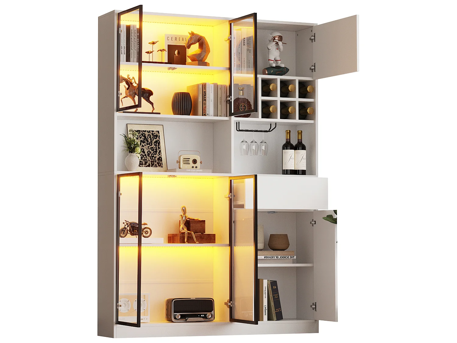 Vitrine haute avec 6 portes, 2 tiroirs et LED - Panneaux de particules et verre trempé - 120 x 33 x 200 cm - Blanc
