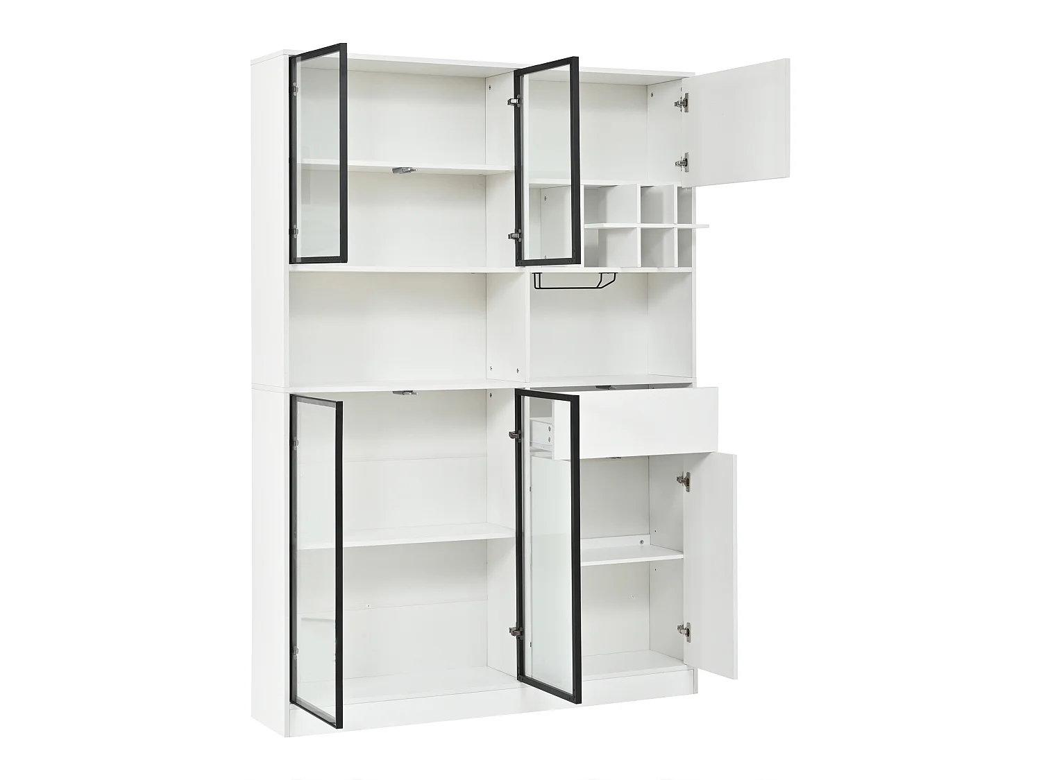 Vitrine haute avec 6 portes, 2 tiroirs et LED - Panneaux de particules et verre trempé - 120 x 33 x 200 cm - Blanc
