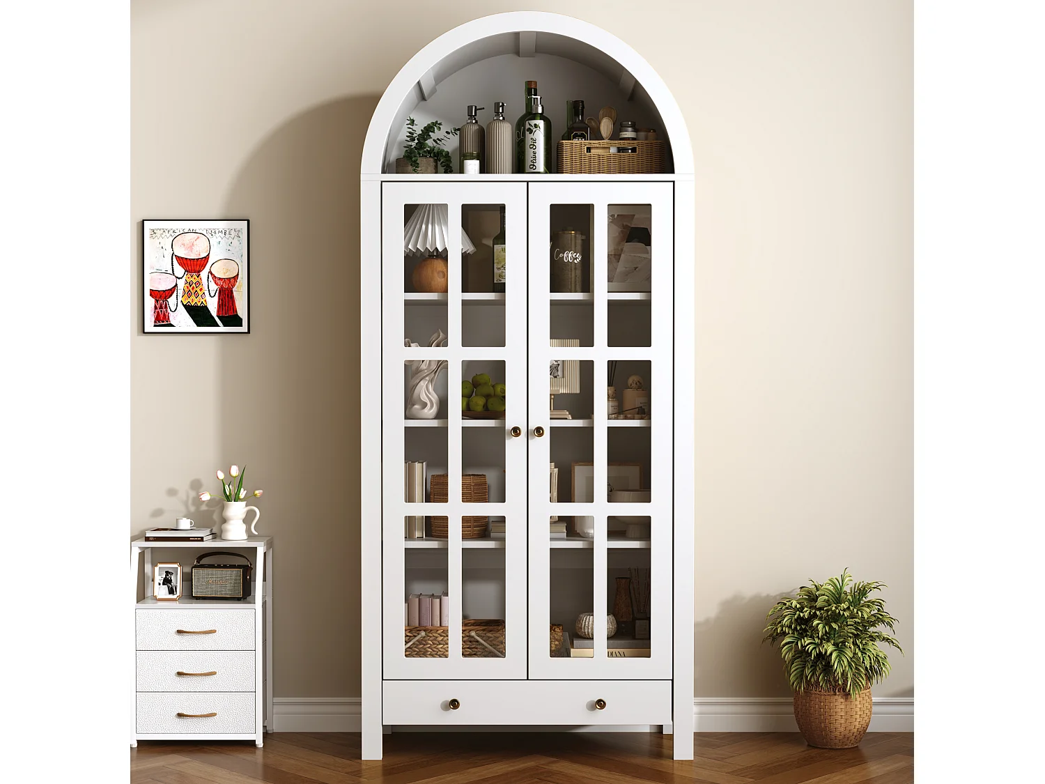 Vitrine haute cintrée avec 2 portes en acrylique, étagères réglables et 1 tiroir - MDF - 75 x 35 x 170,5 cm - Blanc