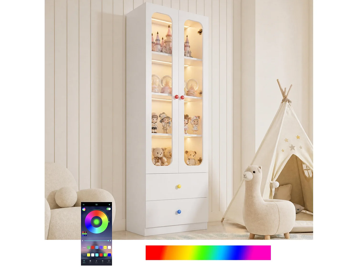Display cabinet with LED lighting, 4 shelves, 2 doors, 2 drawers and ceramic handles - MDF and glass - 60 x 35 x 170 cm - White