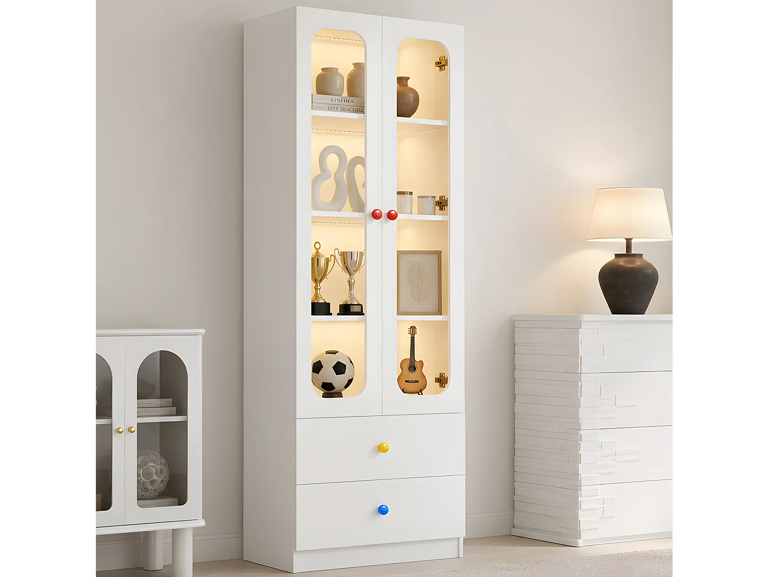 Display cabinet with LED lighting, 4 shelves, 2 doors, 2 drawers and ceramic handles - MDF and glass - 60 x 35 x 170 cm - White