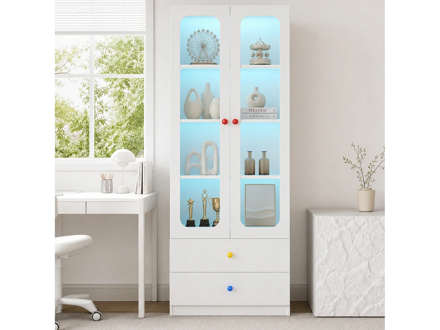 Display cabinet with LED lighting, 4 shelves, 2 doors, 2 drawers and ceramic handles - MDF and glass - 60 x 35 x 170 cm - White