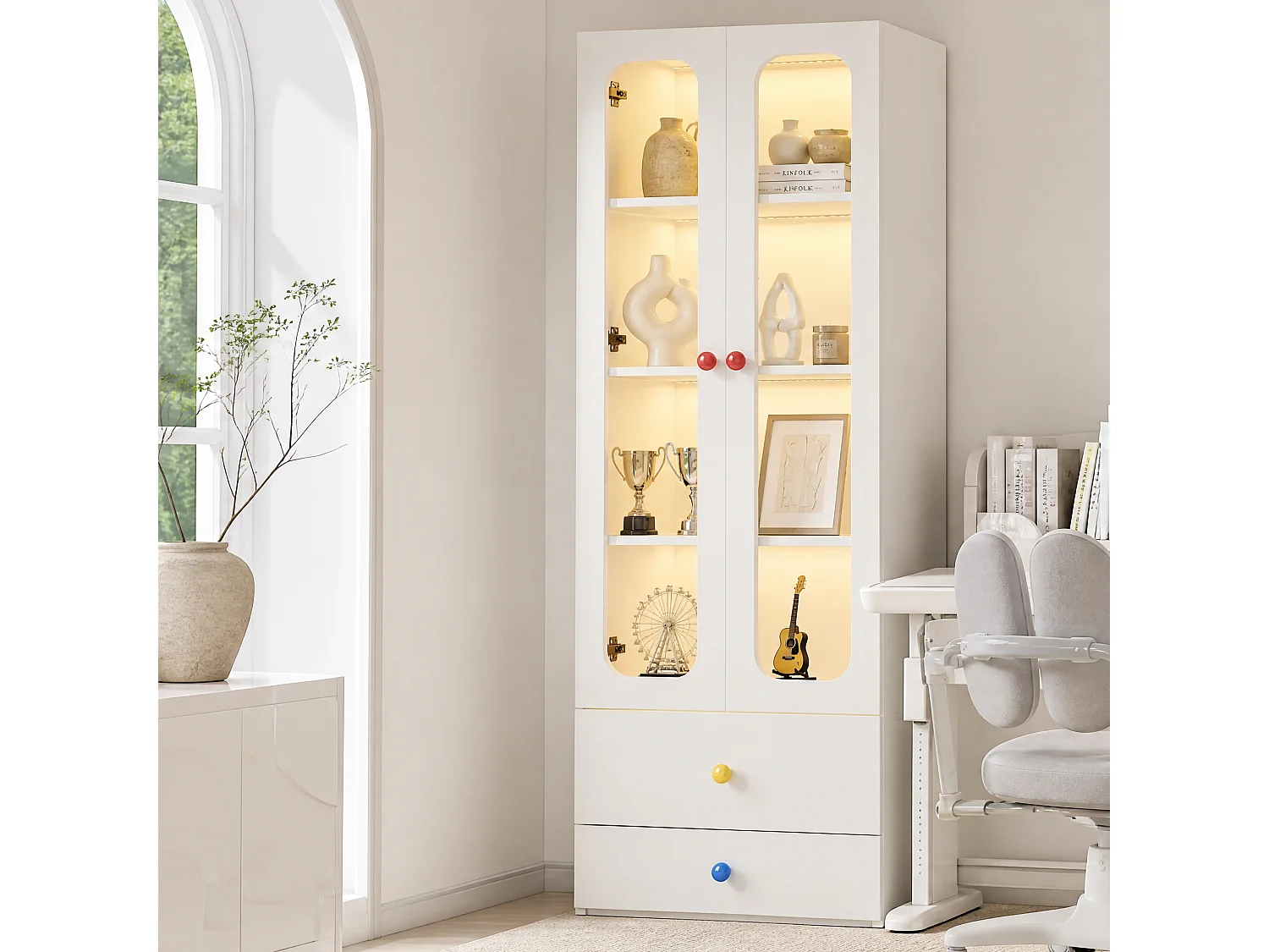 Display cabinet with LED lighting, 4 shelves, 2 doors, 2 drawers and ceramic handles - MDF and glass - 60 x 35 x 170 cm - White