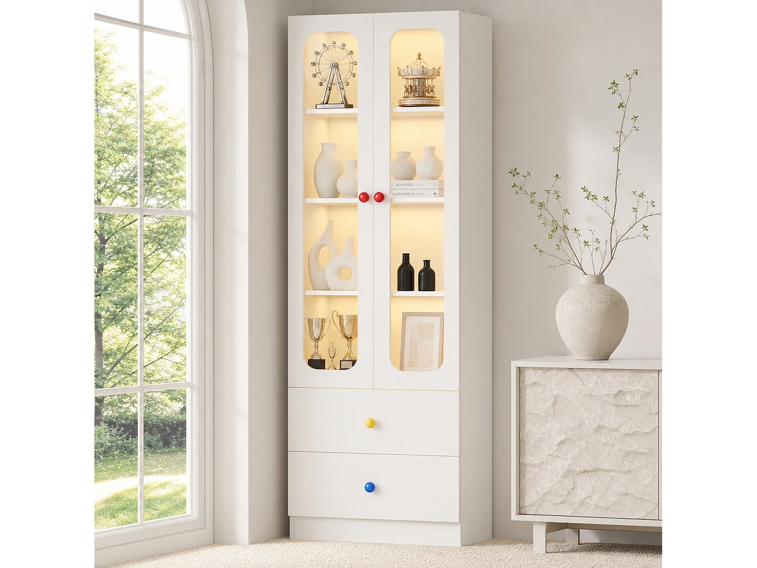 Display cabinet with LED lighting, 4 shelves, 2 doors, 2 drawers and ceramic handles - MDF and glass - 60 x 35 x 170 cm - White