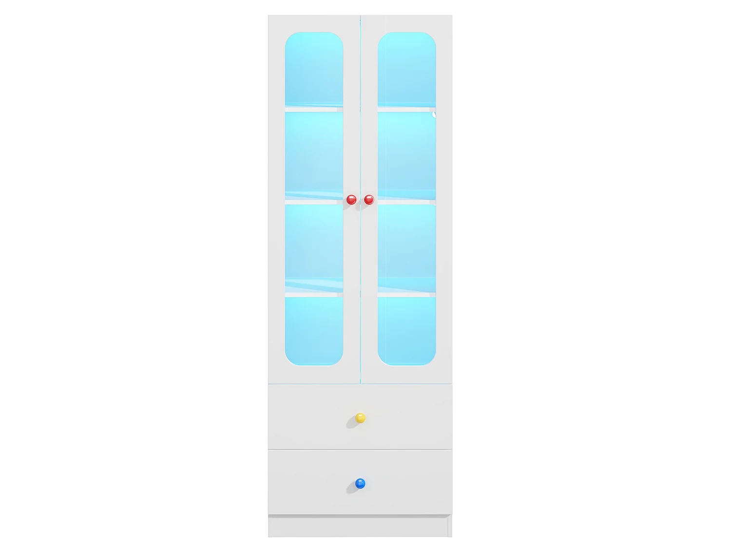 Display cabinet with LED lighting, 4 shelves, 2 doors, 2 drawers and ceramic handles - MDF and glass - 60 x 35 x 170 cm - White