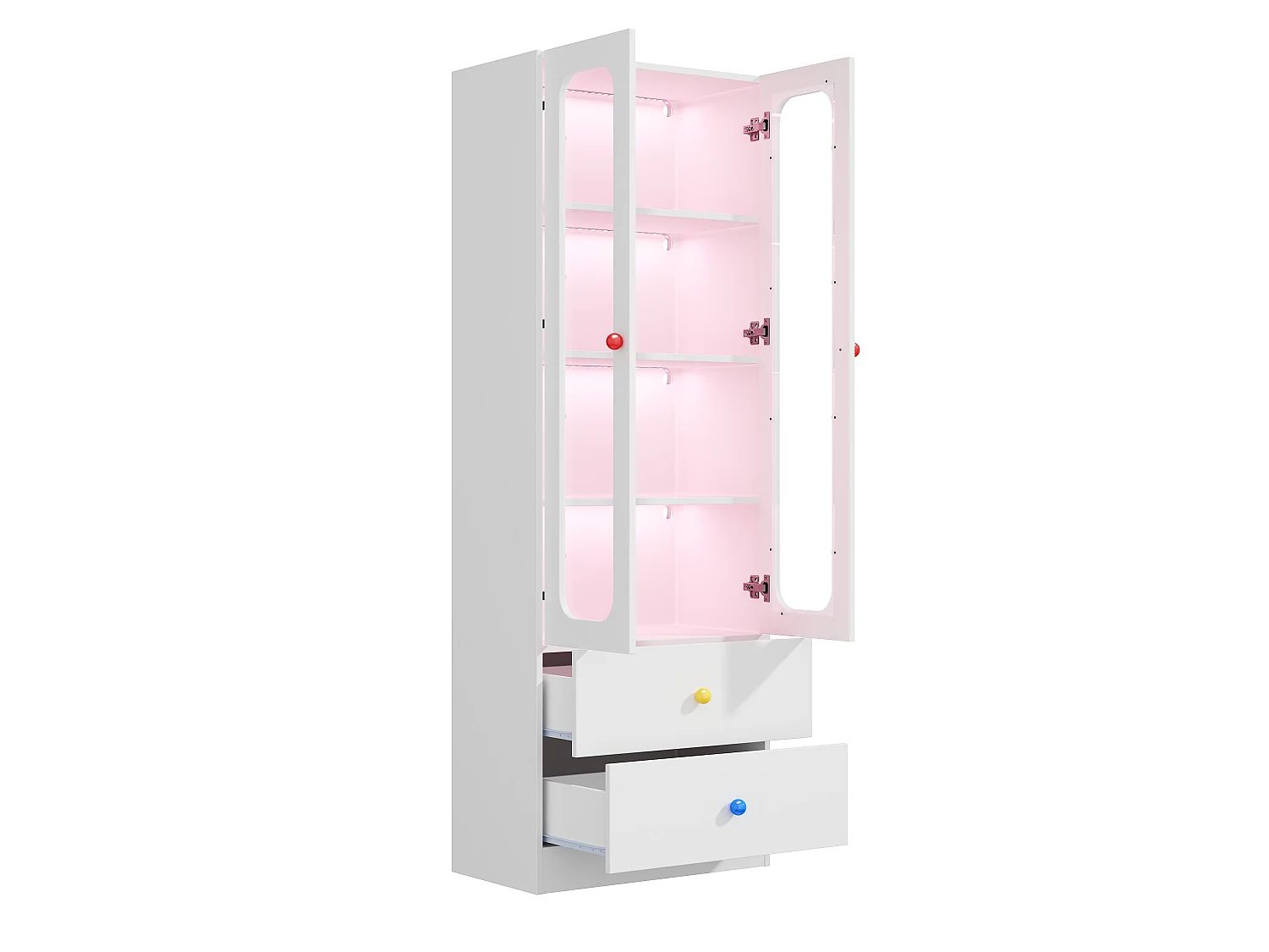Display cabinet with LED lighting, 4 shelves, 2 doors, 2 drawers and ceramic handles - MDF and glass - 60 x 35 x 170 cm - White