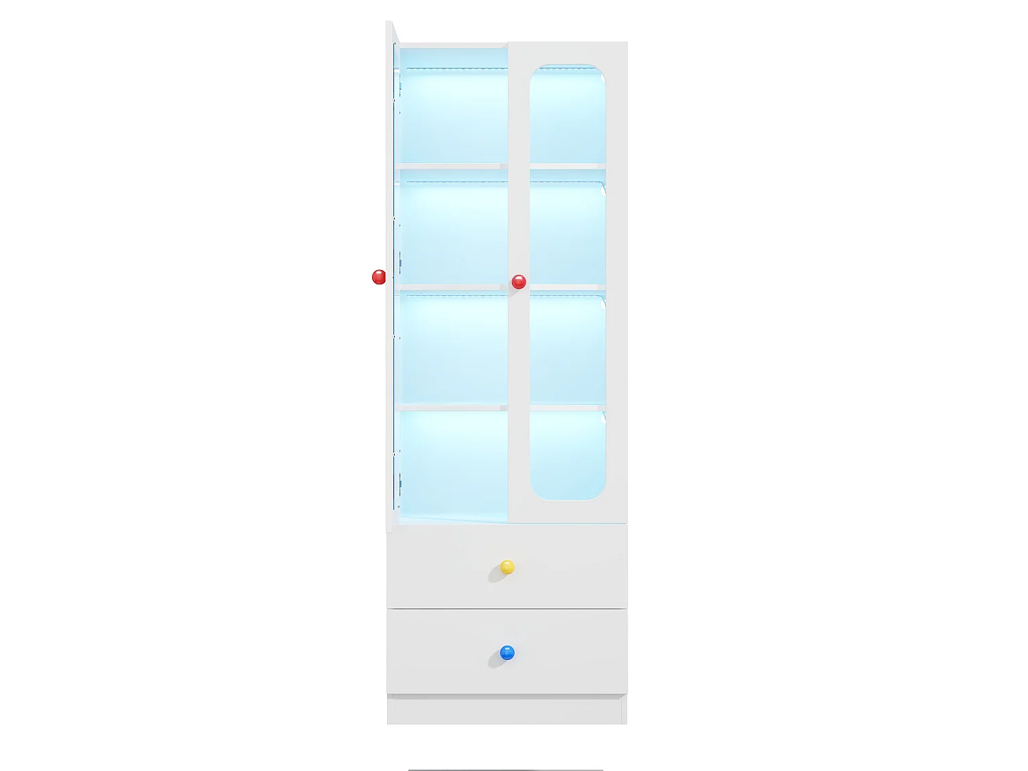 Display cabinet with LED lighting, 4 shelves, 2 doors, 2 drawers and ceramic handles - MDF and glass - 60 x 35 x 170 cm - White