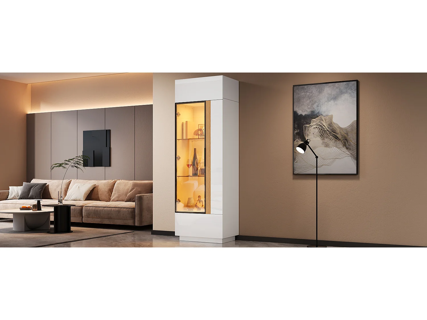 Tall display cabinet with glass front, aluminum frame, 4 doors and LED lighting - Particleboard - 60 x 40 x 180 cm - White