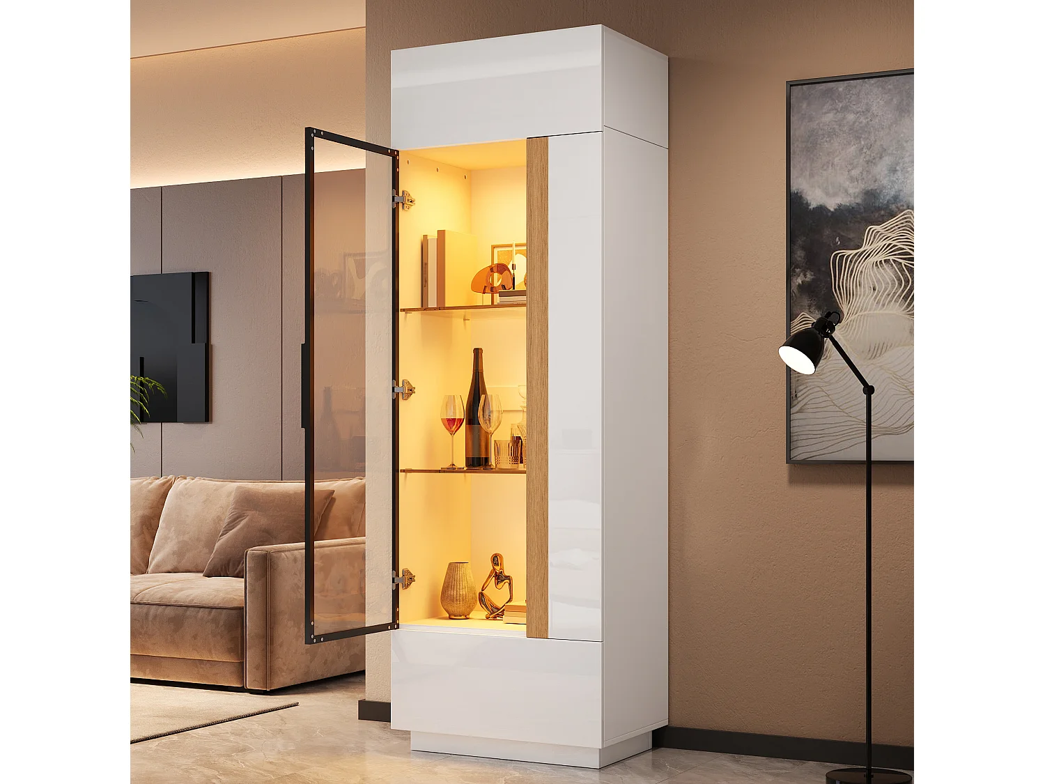 Tall display cabinet with glass front, aluminum frame, 4 doors and LED lighting - Particleboard - 60 x 40 x 180 cm - White