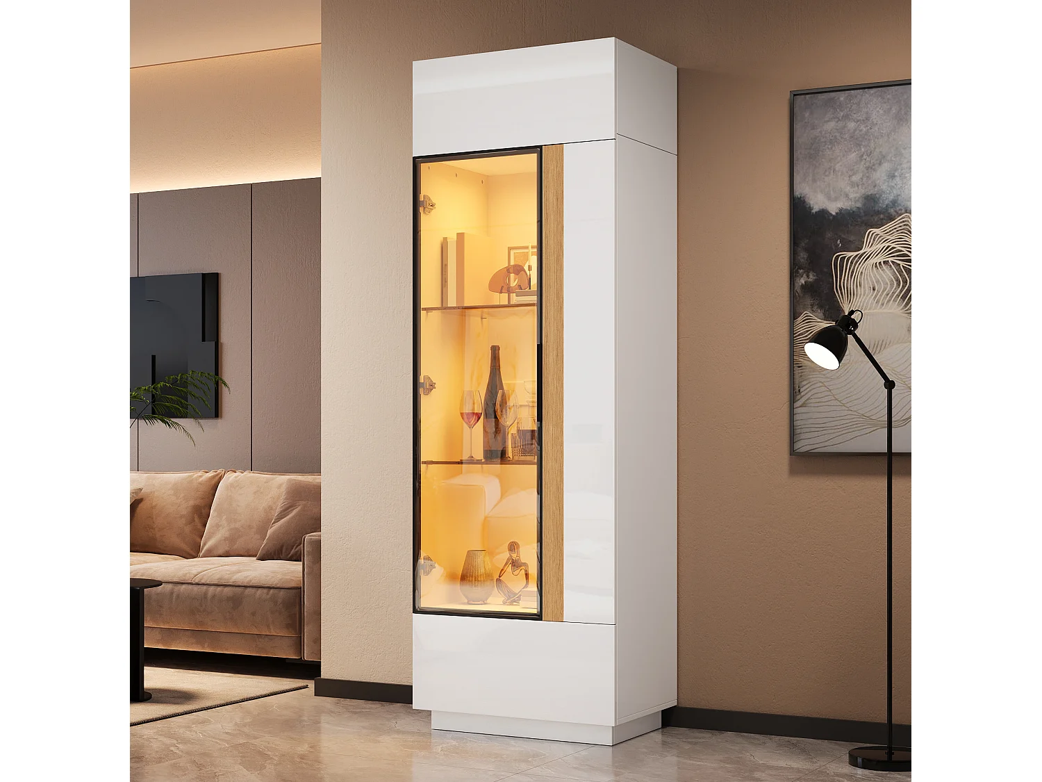 Tall display cabinet with glass front, aluminum frame, 4 doors and LED lighting - Particleboard - 60 x 40 x 180 cm - White
