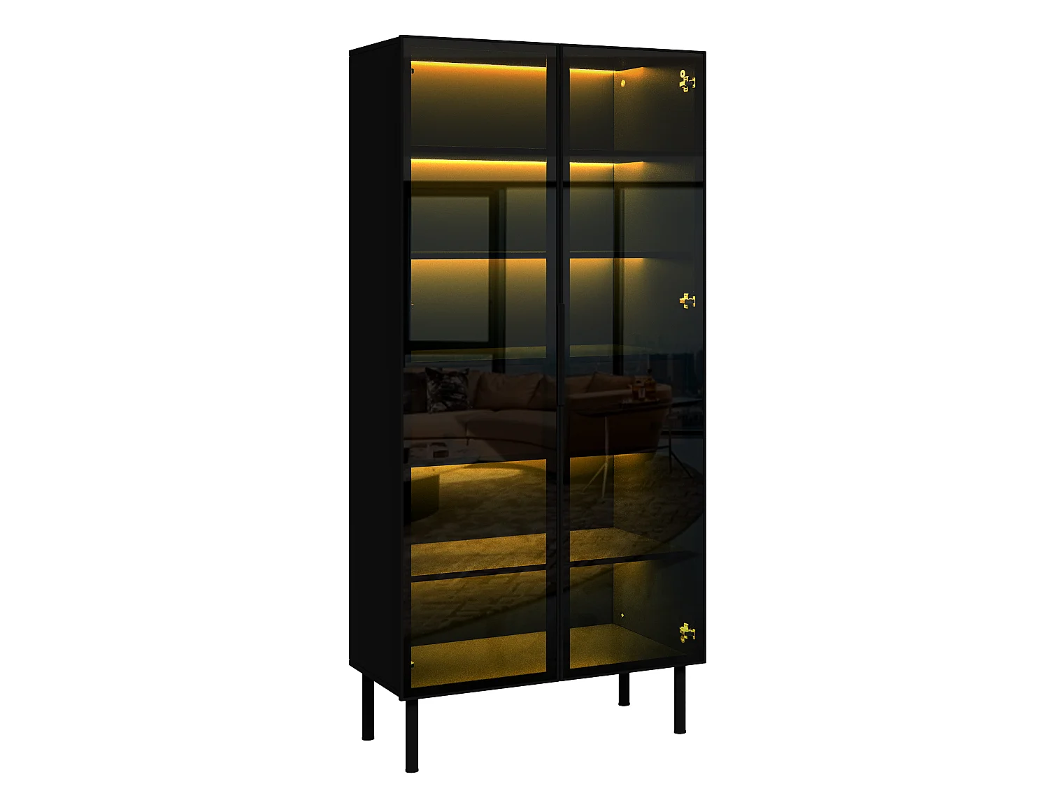 Display cabinet with 2 glass doors, LED lighting and 2 drawers - MDF and particleboard - 70 x 36 x 170 cm - Black
