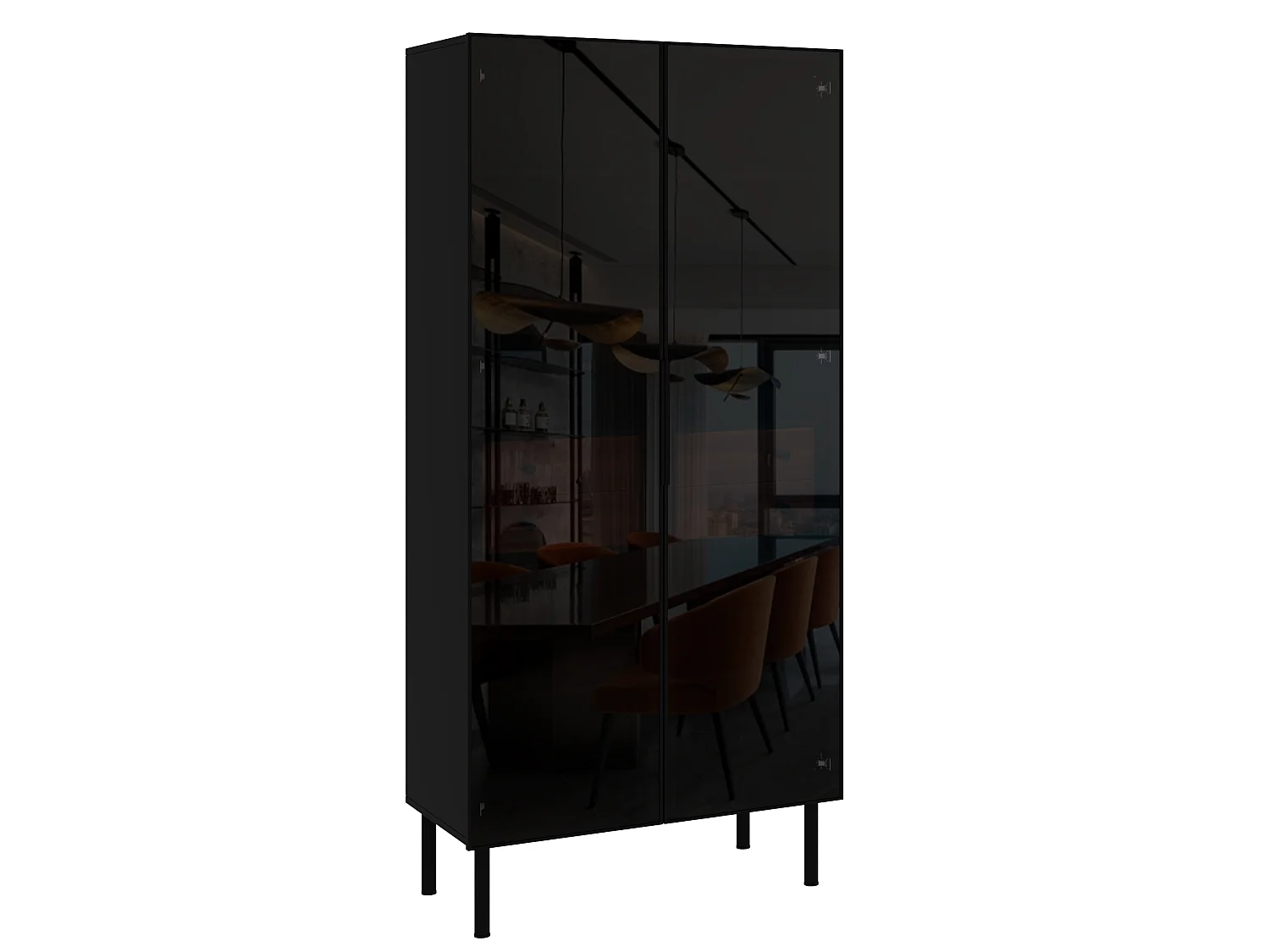 Display cabinet with 2 glass doors, LED lighting and 2 drawers - MDF and particleboard - 70 x 36 x 170 cm - Black