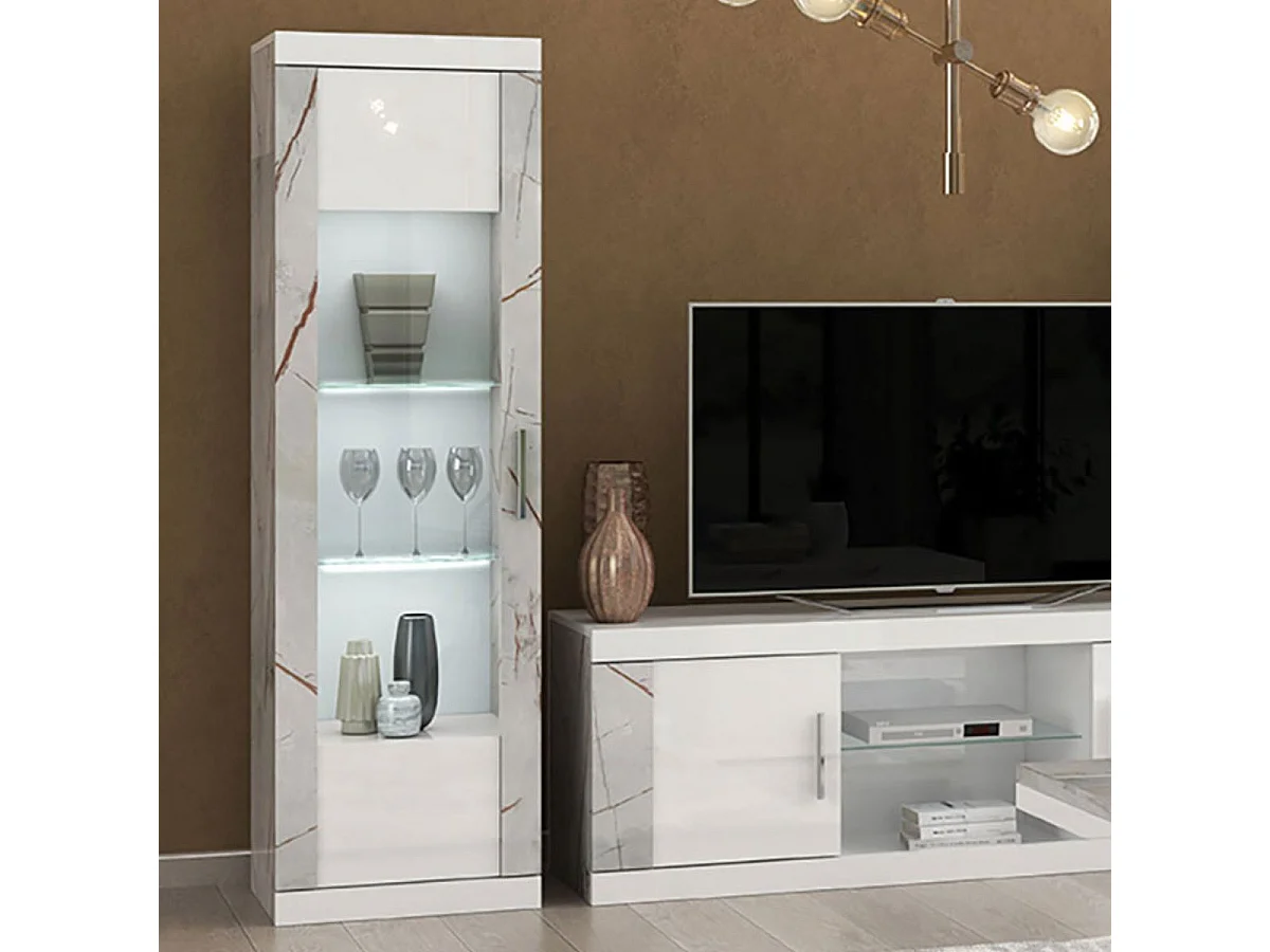 Vitrine 1 porte réversible + Led blanche et aspect marbre gris-brun - NERVY