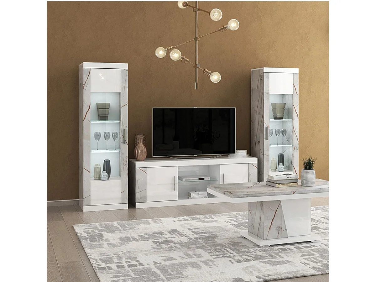 Vitrine 1 porte réversible + Led blanche et aspect marbre gris-brun - NERVY